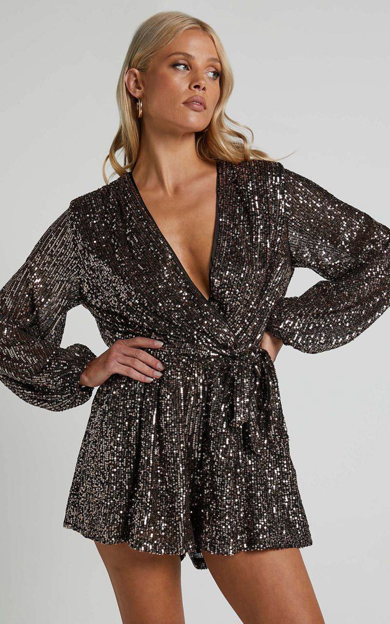 Showpo Jessen Playsuit - Tie Waist Balloon Sleeve Playsuit Black Gold Sequin | ONUZBE165