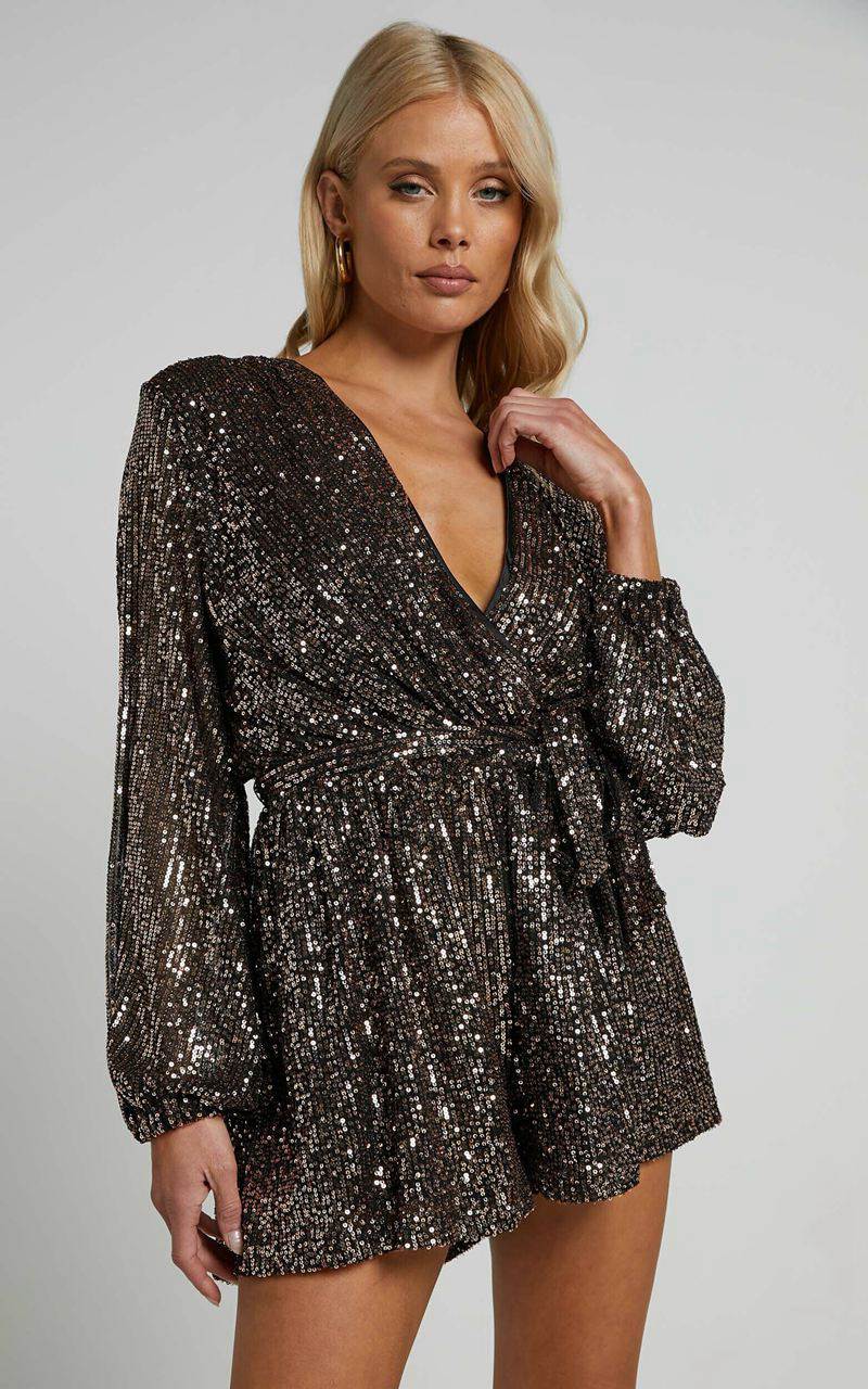 Showpo Jessen Playsuit - Tie Waist Balloon Sleeve Playsuit Black Gold Sequin | ONUZBE165