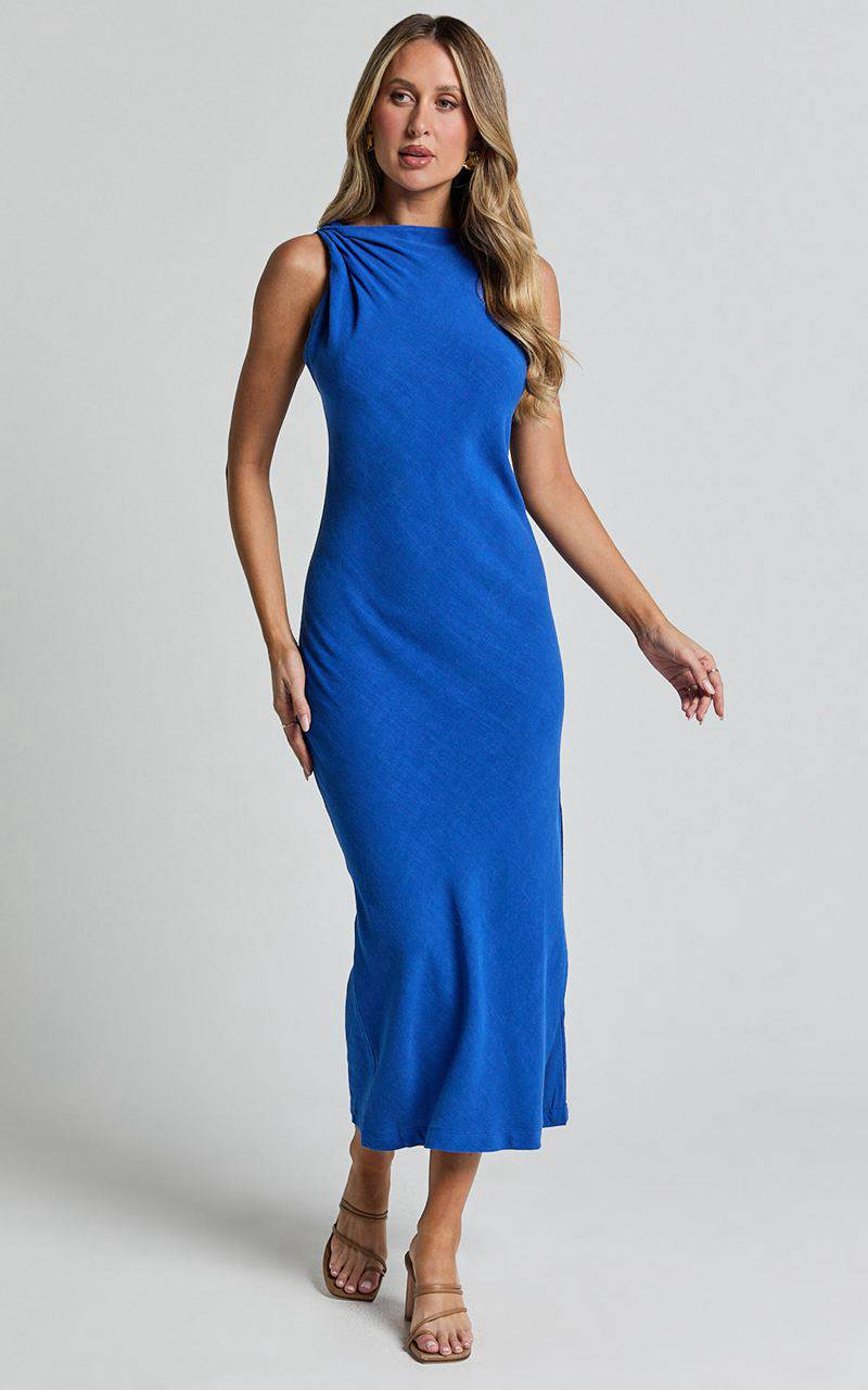 Showpo Jessenia Maxi Dress - Linen Look High Neck Dress Cobalt | WJHYPM042