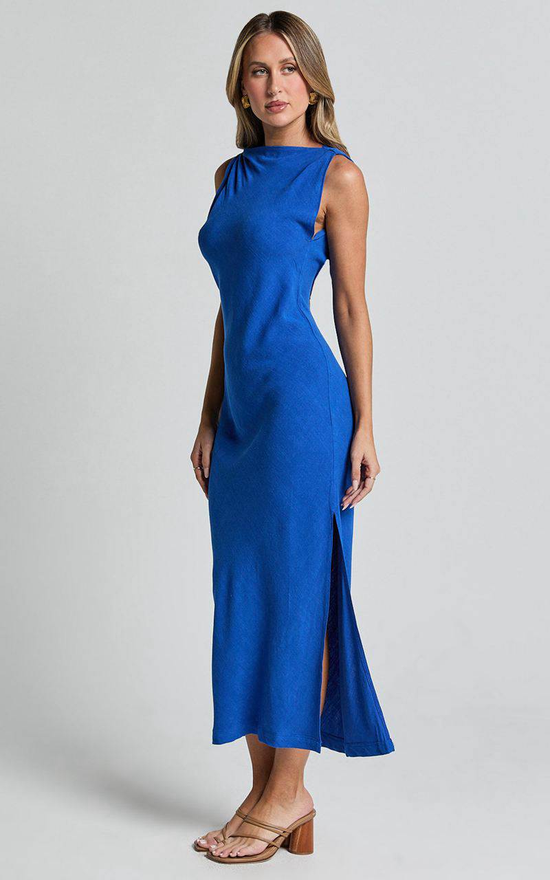 Showpo Jessenia Maxi Dress - Linen Look High Neck Dress Cobalt | WJHYPM042