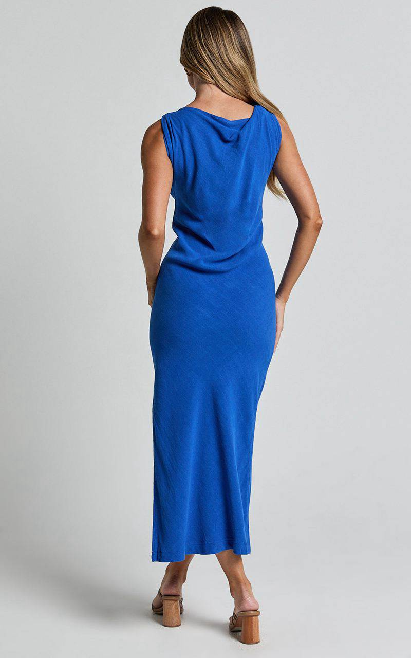 Showpo Jessenia Maxi Dress - Linen Look High Neck Dress Cobalt | WJHYPM042