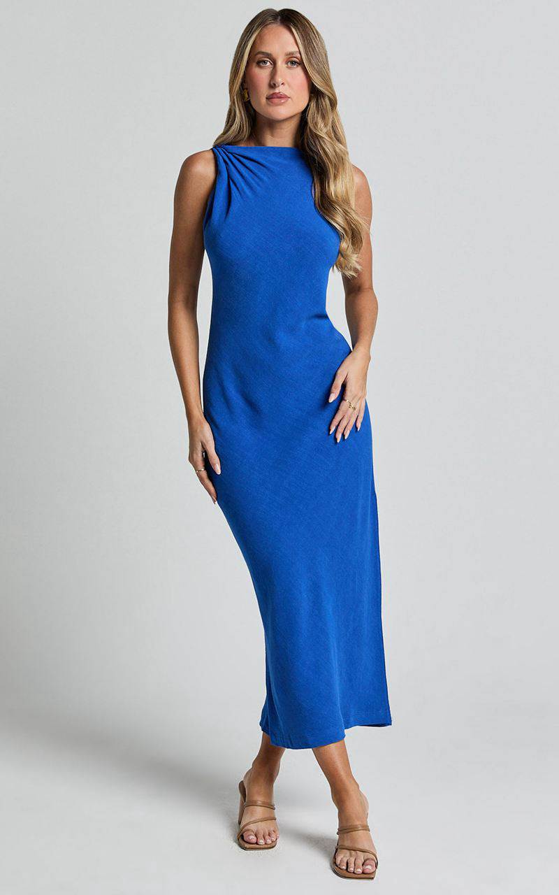 Showpo Jessenia Maxi Dress - Linen Look High Neck Dress Cobalt | WJHYPM042