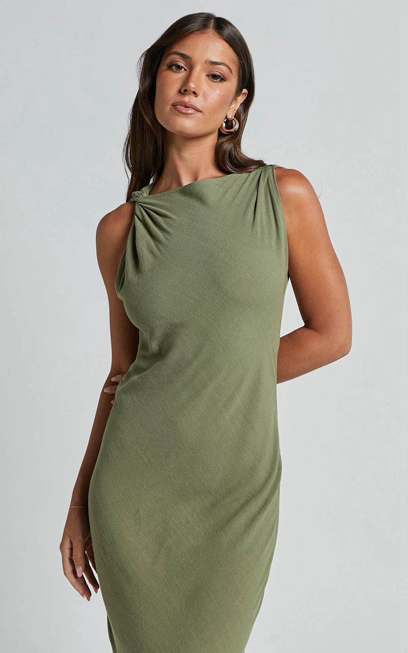 Showpo Jessenia Maxi Dress - Linen Look High Neck Dress Olive | DWZTUJ596