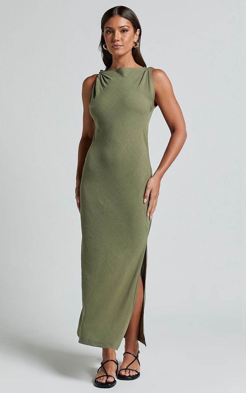 Showpo Jessenia Maxi Dress - Linen Look High Neck Dress Olive | DWZTUJ596