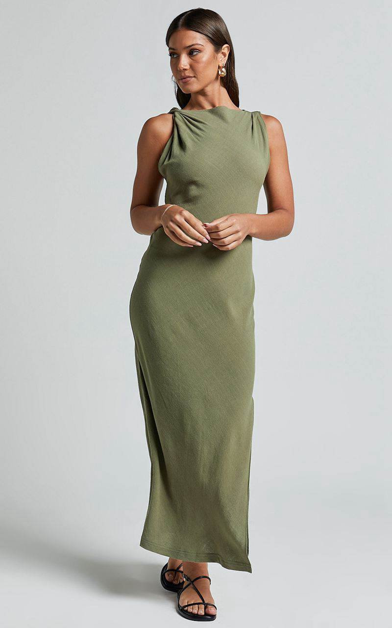 Showpo Jessenia Maxi Dress - Linen Look High Neck Dress Olive | DWZTUJ596