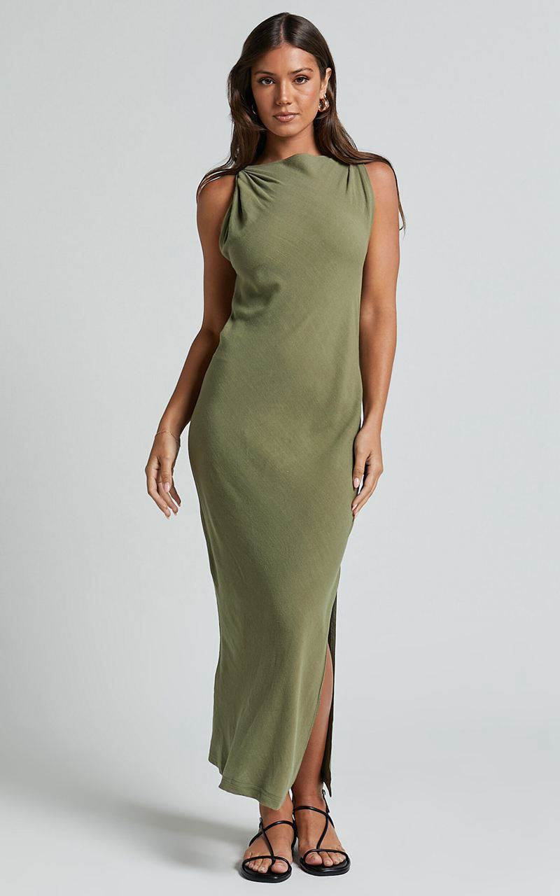 Showpo Jessenia Maxi Dress - Linen Look High Neck Dress Olive | DWZTUJ596