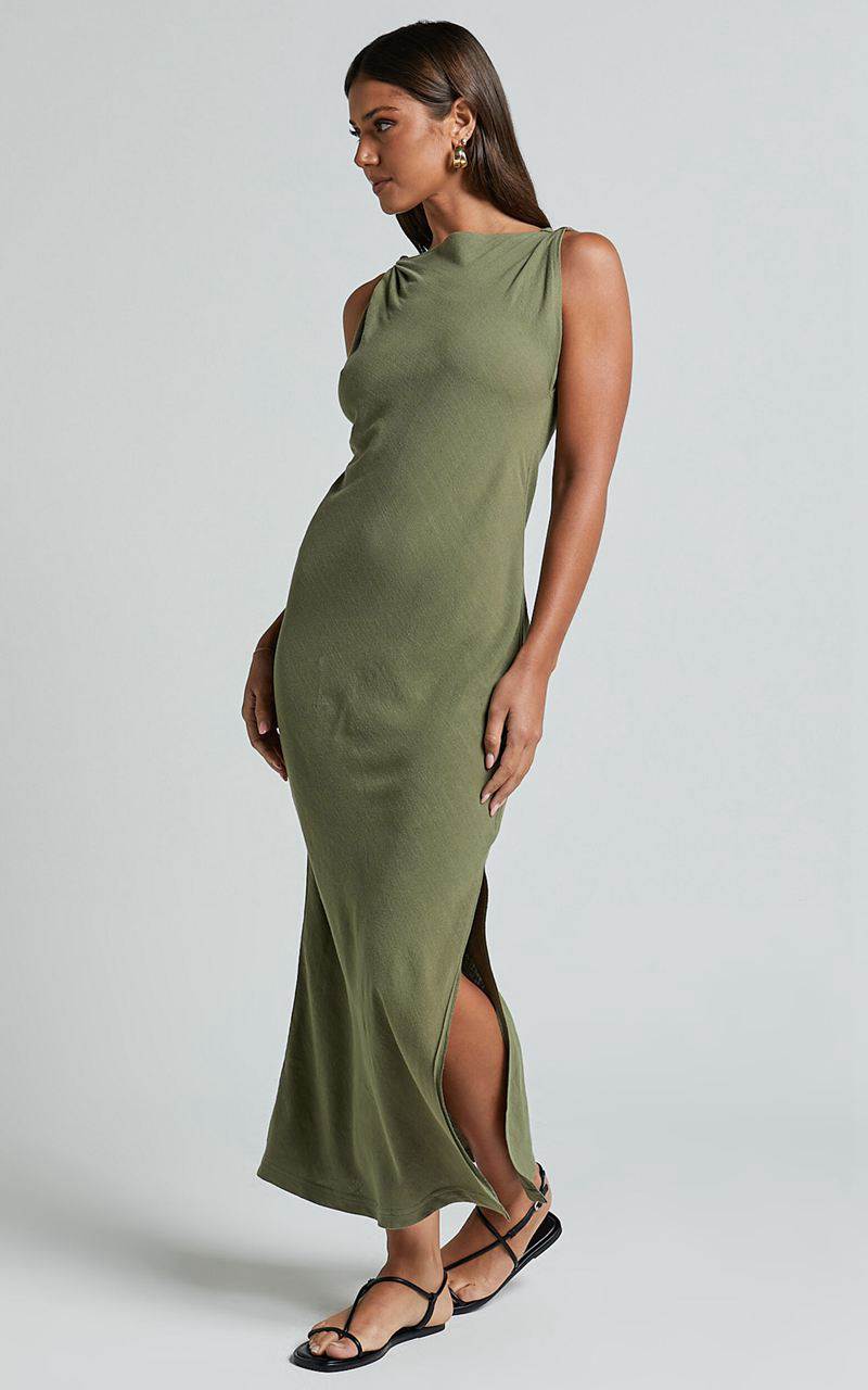 Showpo Jessenia Maxi Dress - Linen Look High Neck Dress Olive | DWZTUJ596