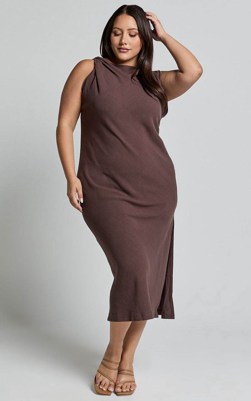 Showpo Jessenia Maxi Dress - Linen Look High Neck Dress Chocolate | BPIUWJ602