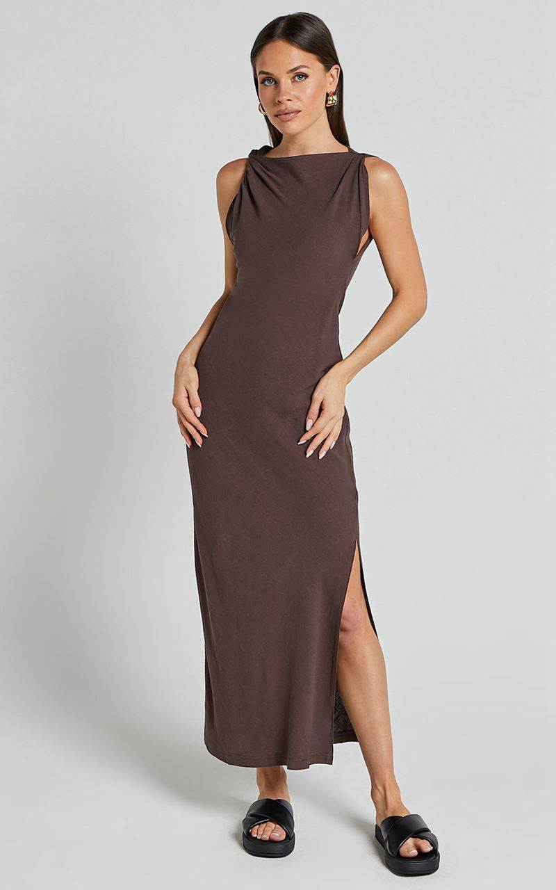 Showpo Jessenia Maxi Dress - Linen Look High Neck Dress Chocolate | BPIUWJ602