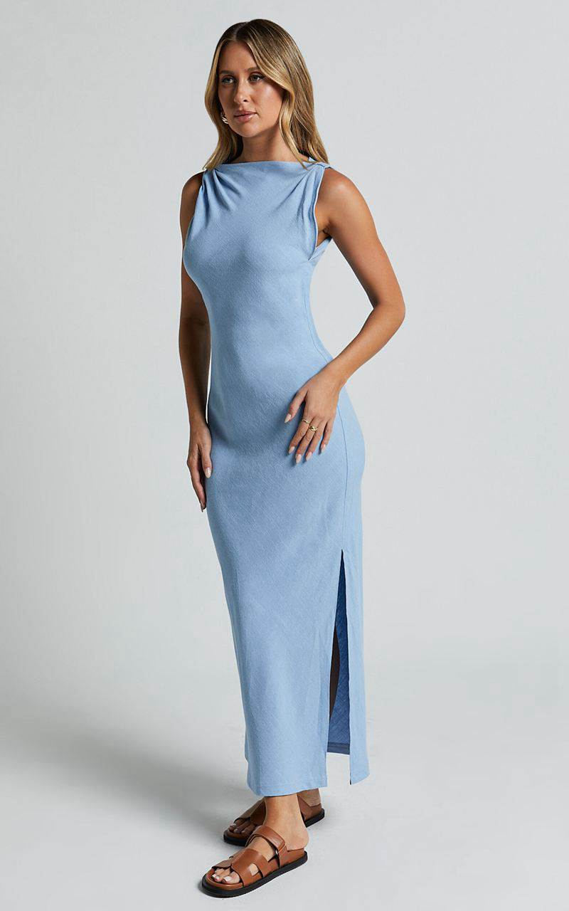 Showpo Jessenia Maxi Dress - Linen Look High Neck Dress Blue | NYZLXD875