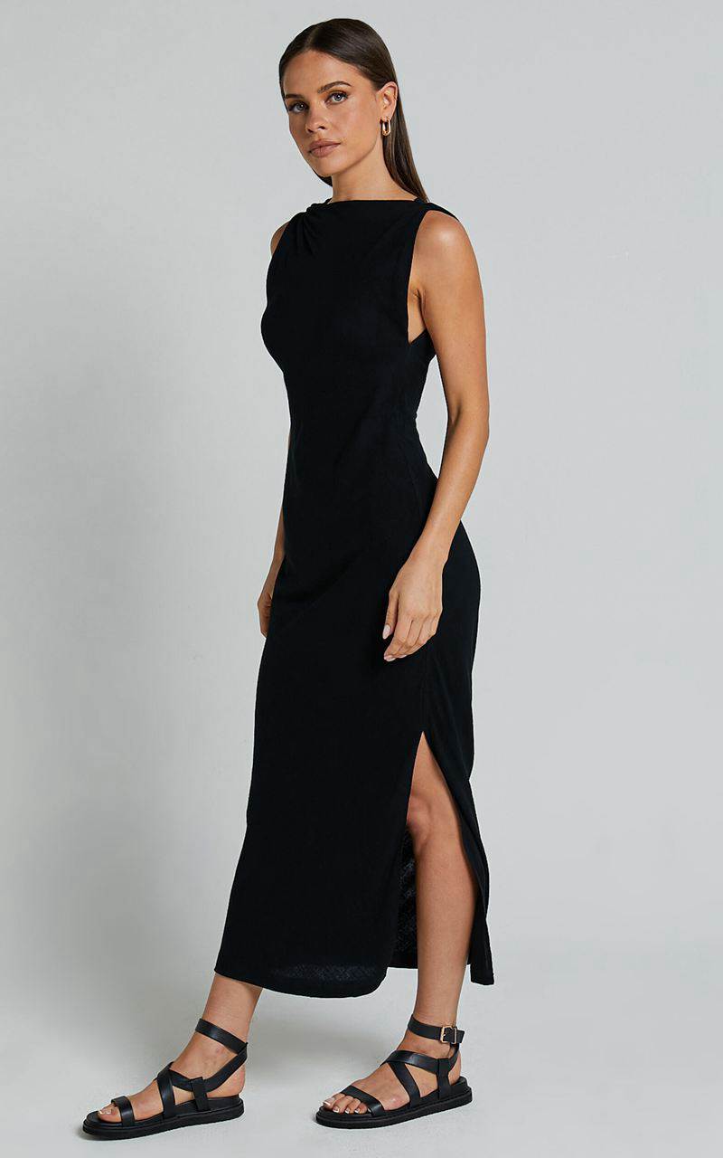 Showpo Jessenia Maxi Dress - Linen Look High Neck Dress Black | BHFTZG846