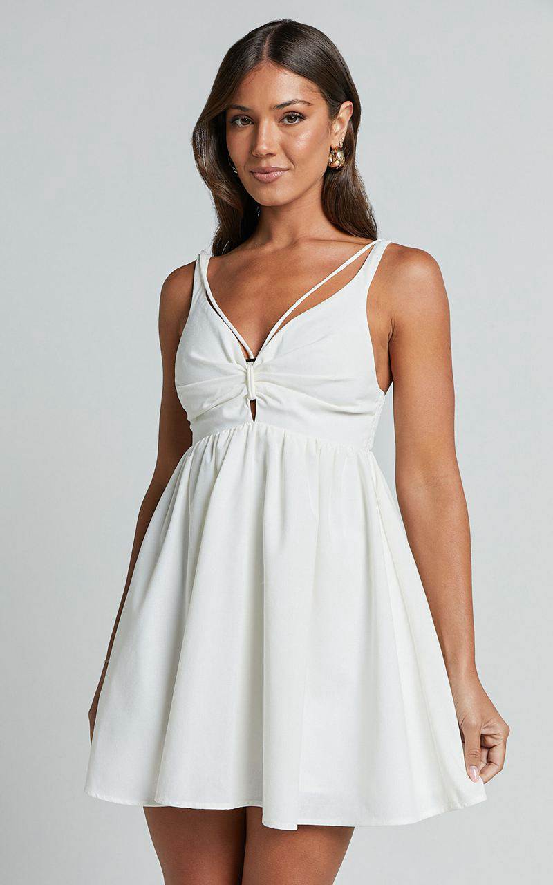 Showpo Jhency Mini Dress - Strappy Ruched Bust Dress White | MPGYJU548