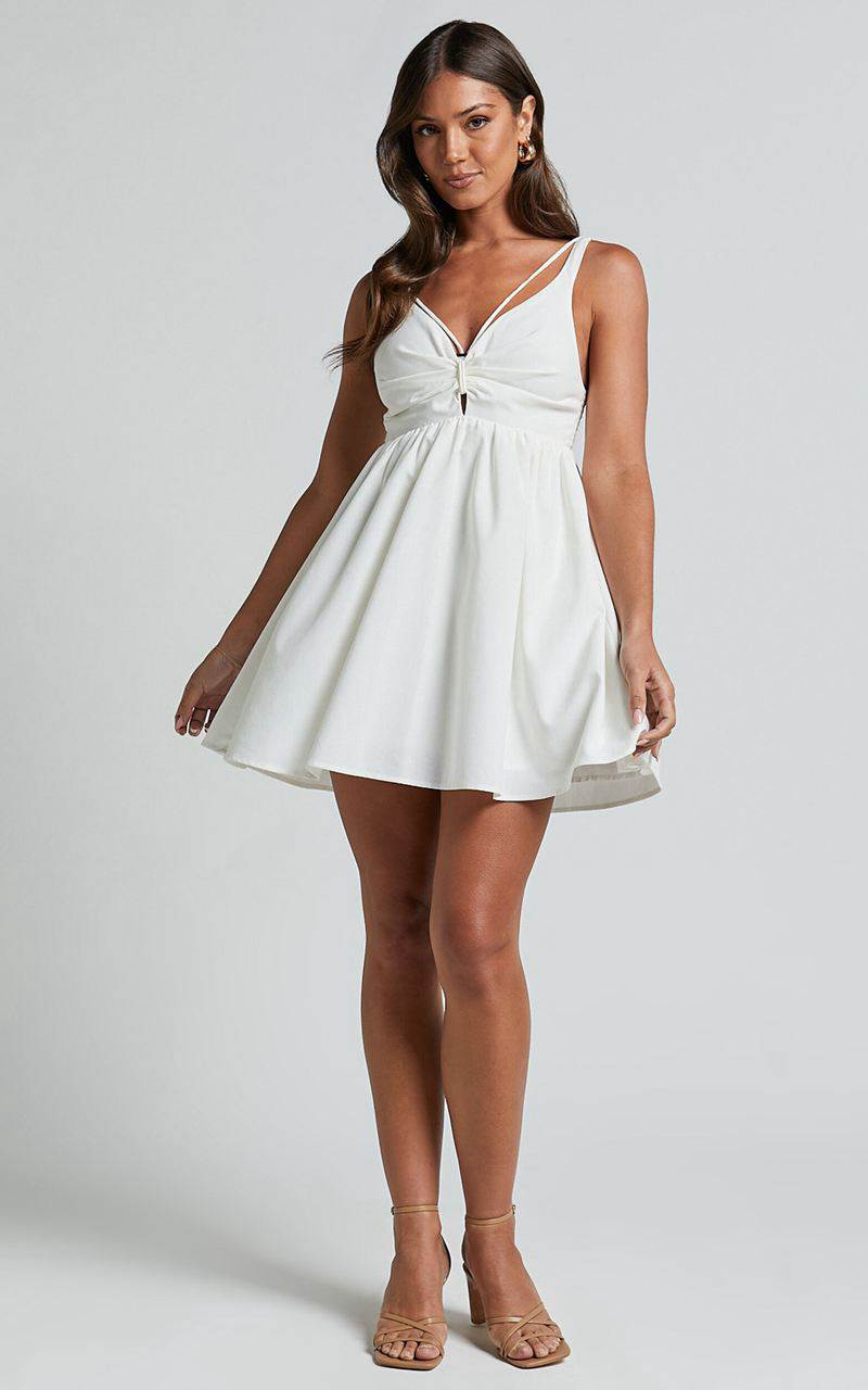 Showpo Jhency Mini Dress - Strappy Ruched Bust Dress White | MPGYJU548