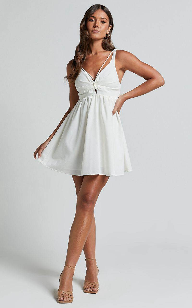 Showpo Jhency Mini Dress - Strappy Ruched Bust Dress White | MPGYJU548