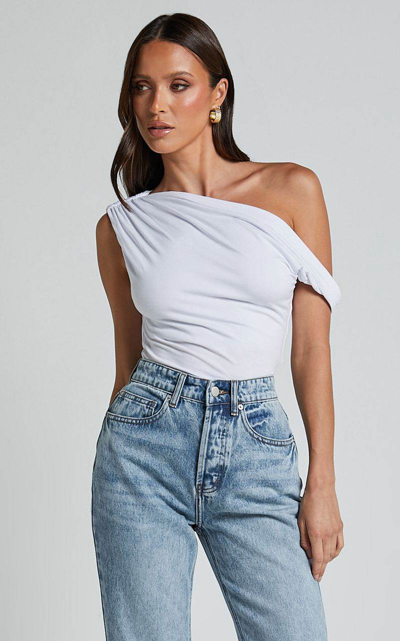 Showpo Jialeen Top - Off Shoulder Twist Asymmetrical Sleeve Top White | TFHVKP923