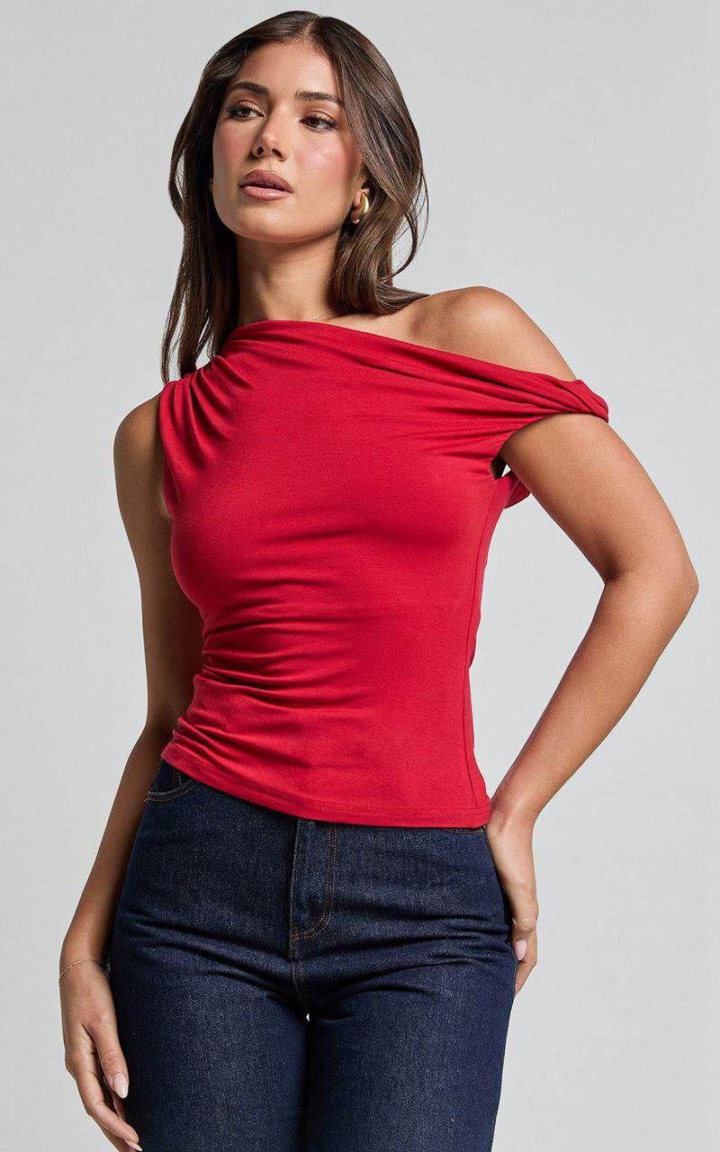 Showpo Jialeen Top - Off Shoulder Twist Asymmetrical Sleeve Top Red | ZRCTXW436