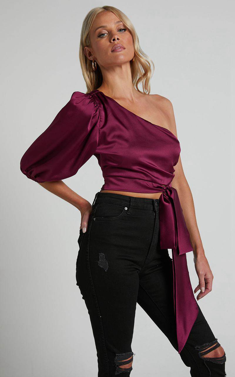 Showpo Jihyo Top - Tie Waist One Shoulder Puff Sleeve Top Burgundy | LVOTMP439