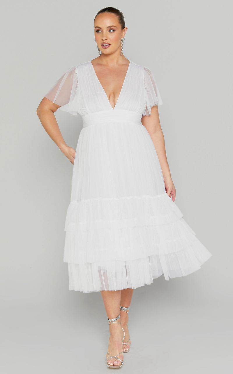 Showpo Jiraye Midi Dress - Flutter Sleeve Tuelle Plunge Dress White | JUWCOL785