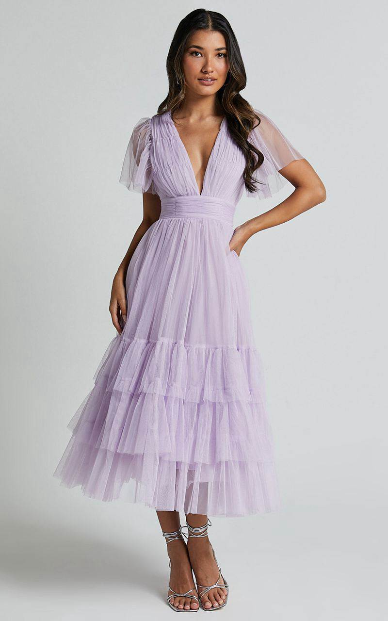 Showpo Jiraye Midi Dress - Flutter Sleeve Tuelle Plunge Dress Lilac | CHSAFE647