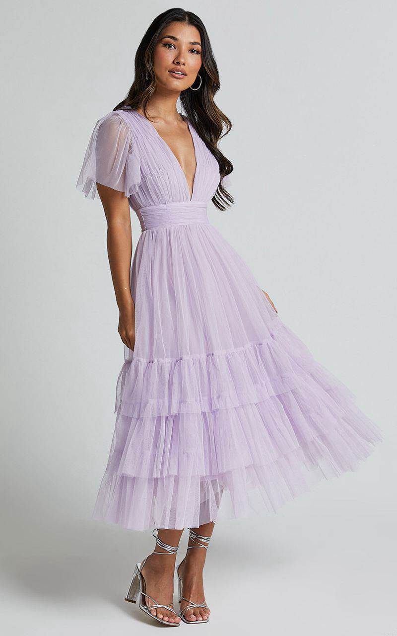 Showpo Jiraye Midi Dress - Flutter Sleeve Tuelle Plunge Dress Lilac | CHSAFE647