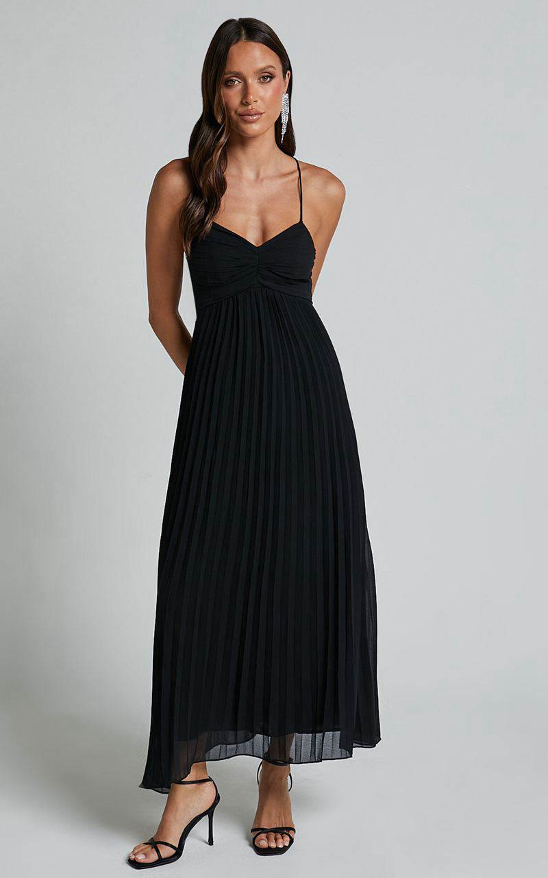 Showpo Jodie Midi Dress - Pleated Chiffon Ruched Bust Midi Dress Black | BLUXWN718