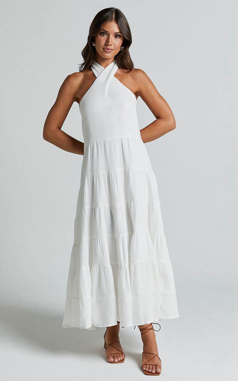 Showpo Jodilou Midi Dress - Halter Tiered Dress White | AXPQBW658