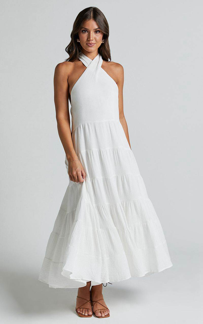 Showpo Jodilou Midi Dress - Halter Tiered Dress White | AXPQBW658