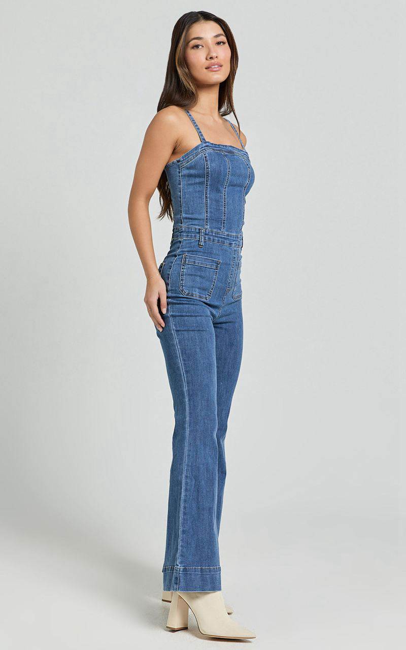 Showpo Joey Jumpsuit - Panelled Cami Flared Bottom Denim Jumpsuit Dark Blue Wash | XUCRBG961