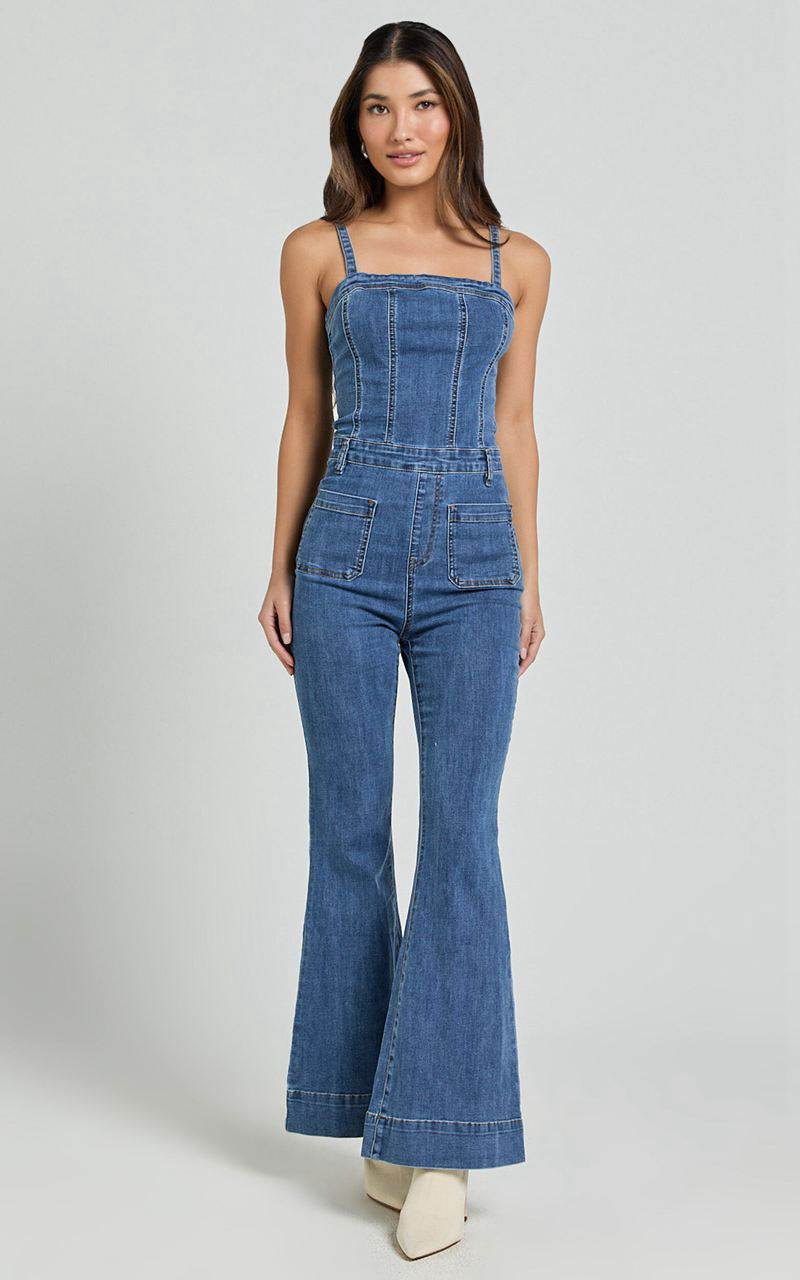 Showpo Joey Jumpsuit - Panelled Cami Flared Bottom Denim Jumpsuit Dark Blue Wash | XUCRBG961