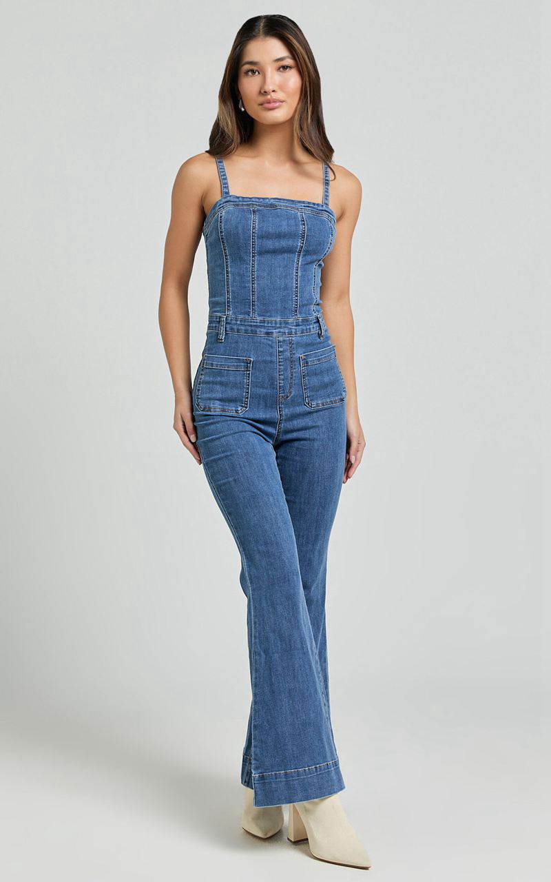 Showpo Joey Jumpsuit - Panelled Cami Flared Bottom Denim Jumpsuit Dark Blue Wash | XUCRBG961