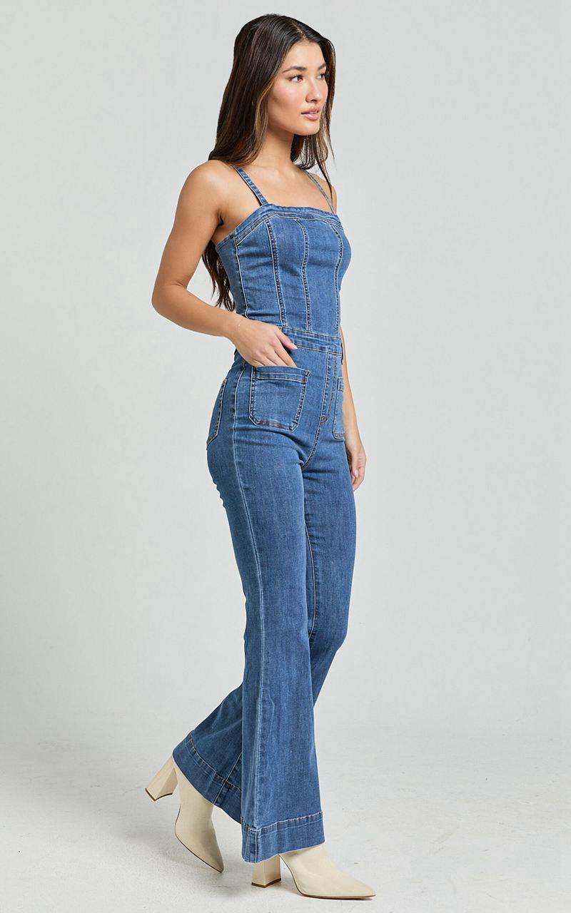 Showpo Joey Jumpsuit - Panelled Cami Flared Bottom Denim Jumpsuit Dark Blue Wash | XUCRBG961