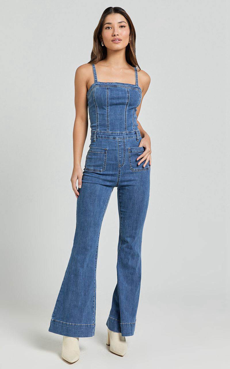 Showpo Joey Jumpsuit - Panelled Cami Flared Bottom Denim Jumpsuit Dark Blue Wash | XUCRBG961