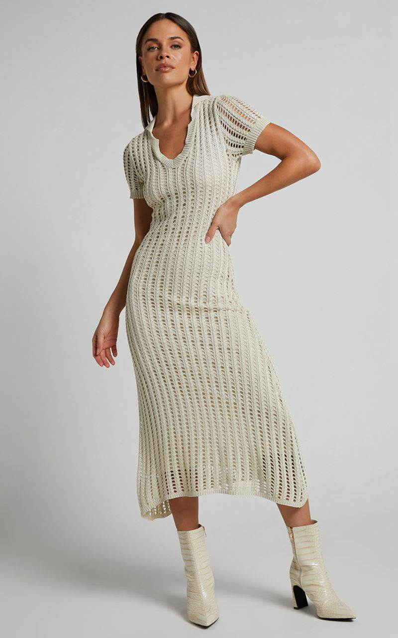 Showpo Jolie Midi Dress - Crochet Collared Short Sleeve Dress Cream | DBCYOL247