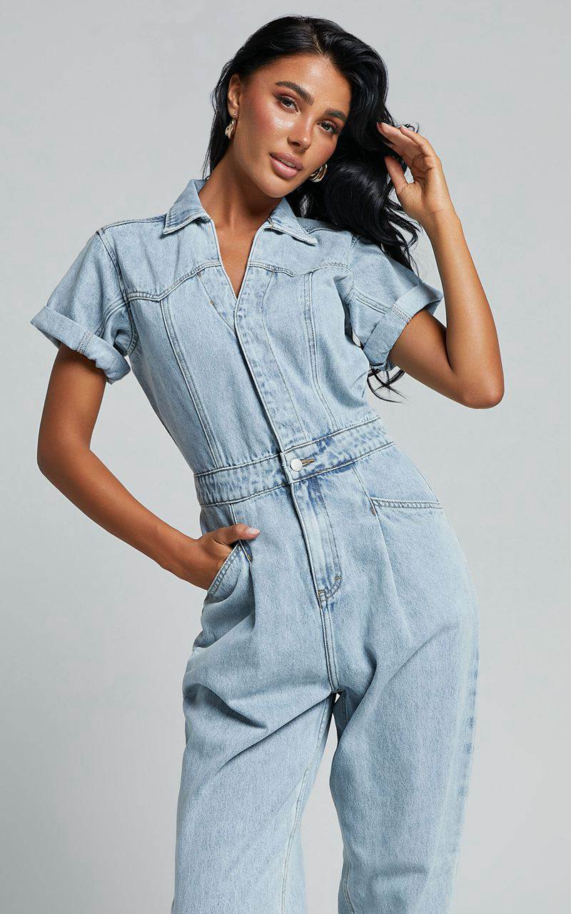 Showpo Jordyn Jumpsuit - Short Sleeve Collared Button Through Denim Jumpsuit Light Blue | YSOEPN682