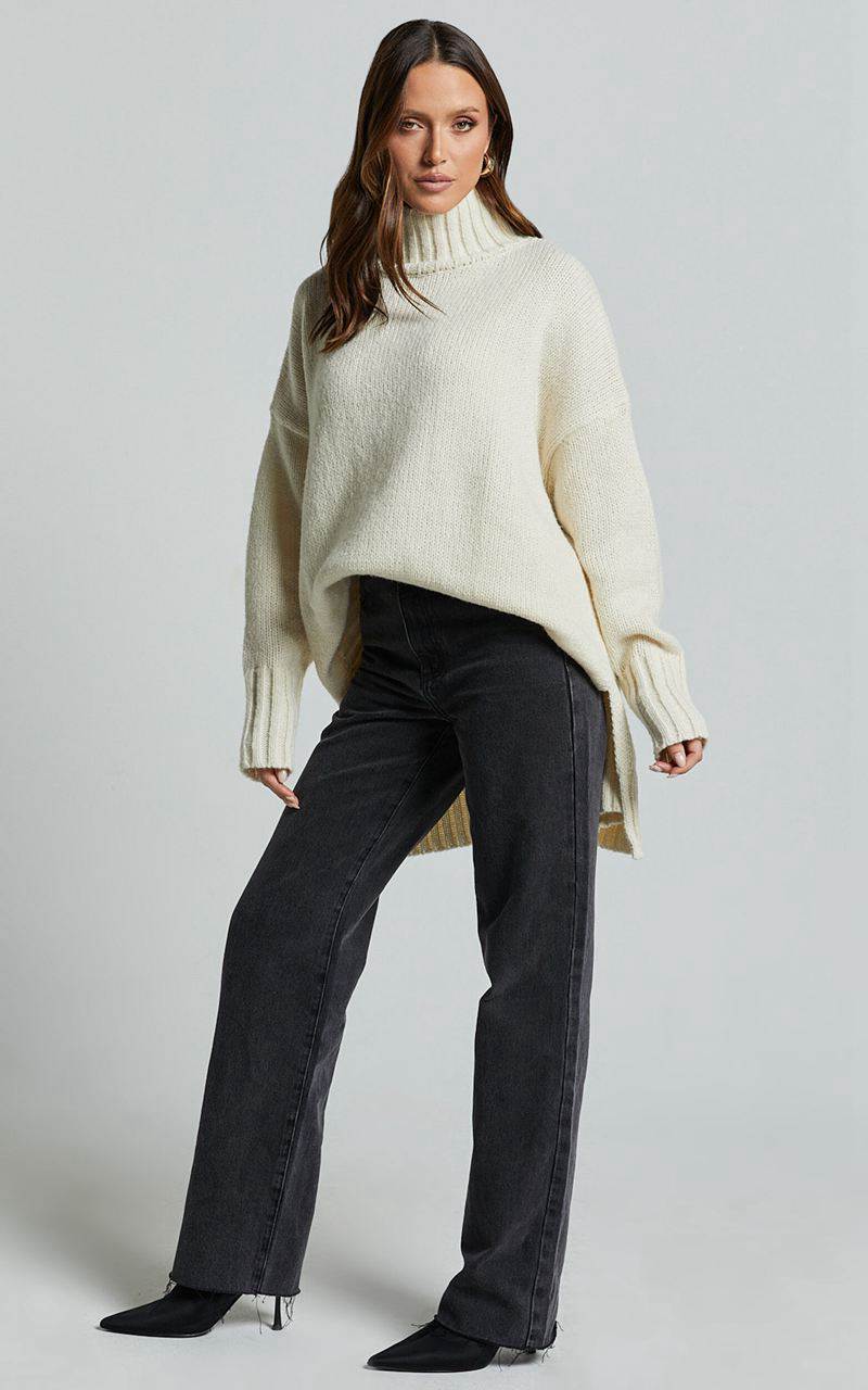 Showpo Josie Jumper - Oversized Turtle Neck Recycled Knitted Jumper Cream | WBZDRA150