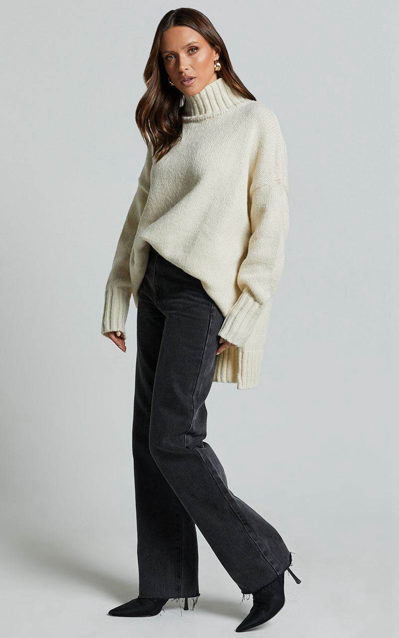 Showpo Josie Jumper - Oversized Turtle Neck Recycled Knitted Jumper Cream | WBZDRA150