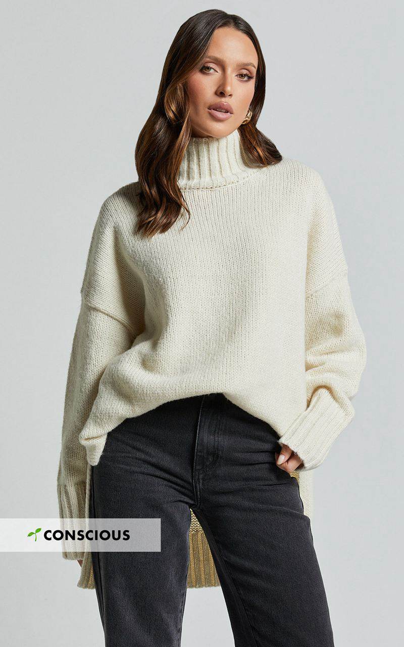 Showpo Josie Jumper - Oversized Turtle Neck Recycled Knitted Jumper Cream | WBZDRA150