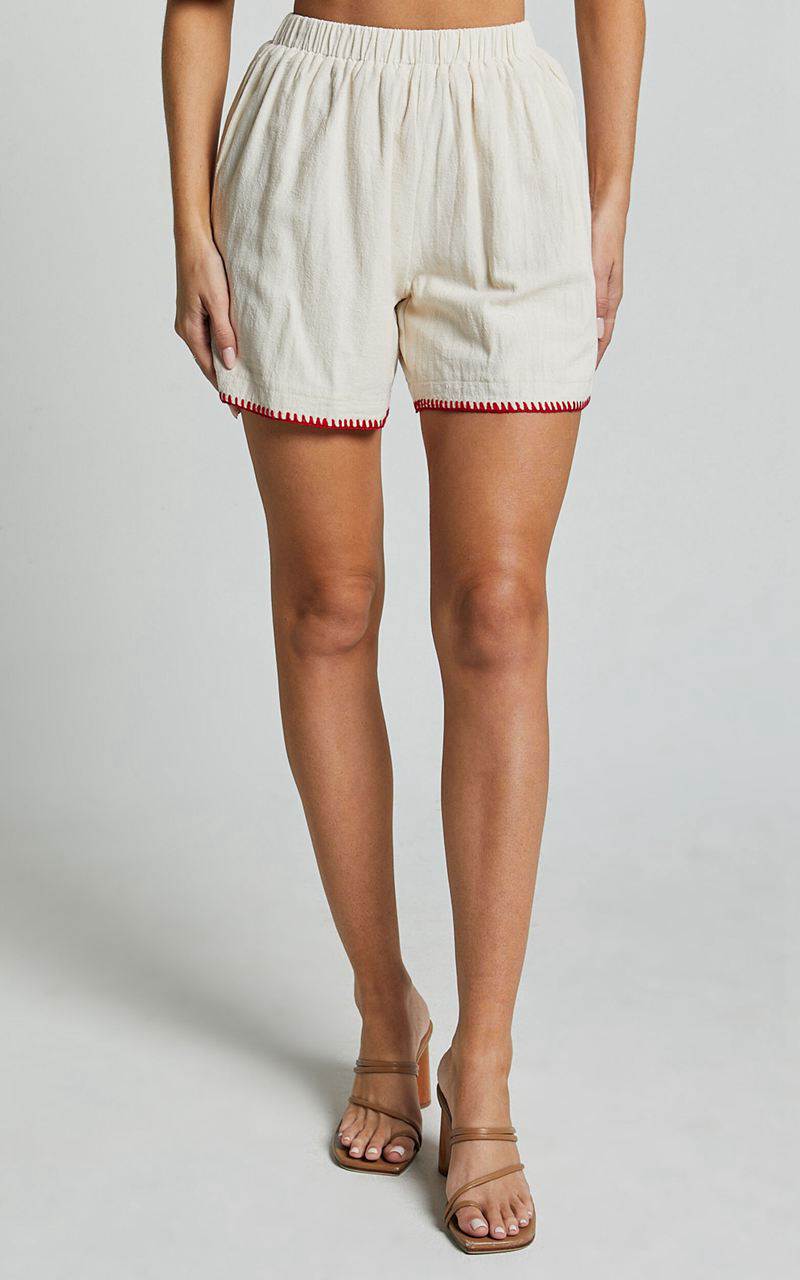 Showpo Josie Shorts - Linen Look Red Trim Detail Shorts Cream & Red Print | IQTHYB674