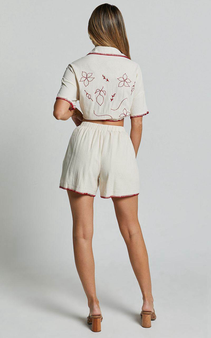 Showpo Josie Shorts - Linen Look Red Trim Detail Shorts Cream & Red Print | IQTHYB674