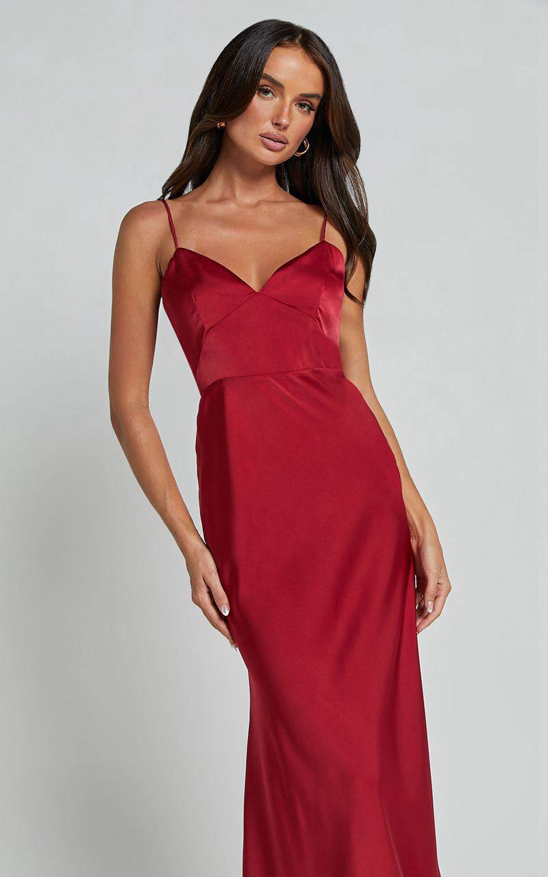 Showpo Jovana Midi Dress - Bust Panel Detail Satin Slip Dress Wine | RZXDHJ897