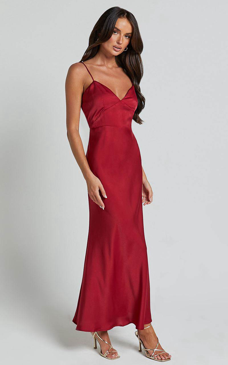 Showpo Jovana Midi Dress - Bust Panel Detail Satin Slip Dress Wine | RZXDHJ897