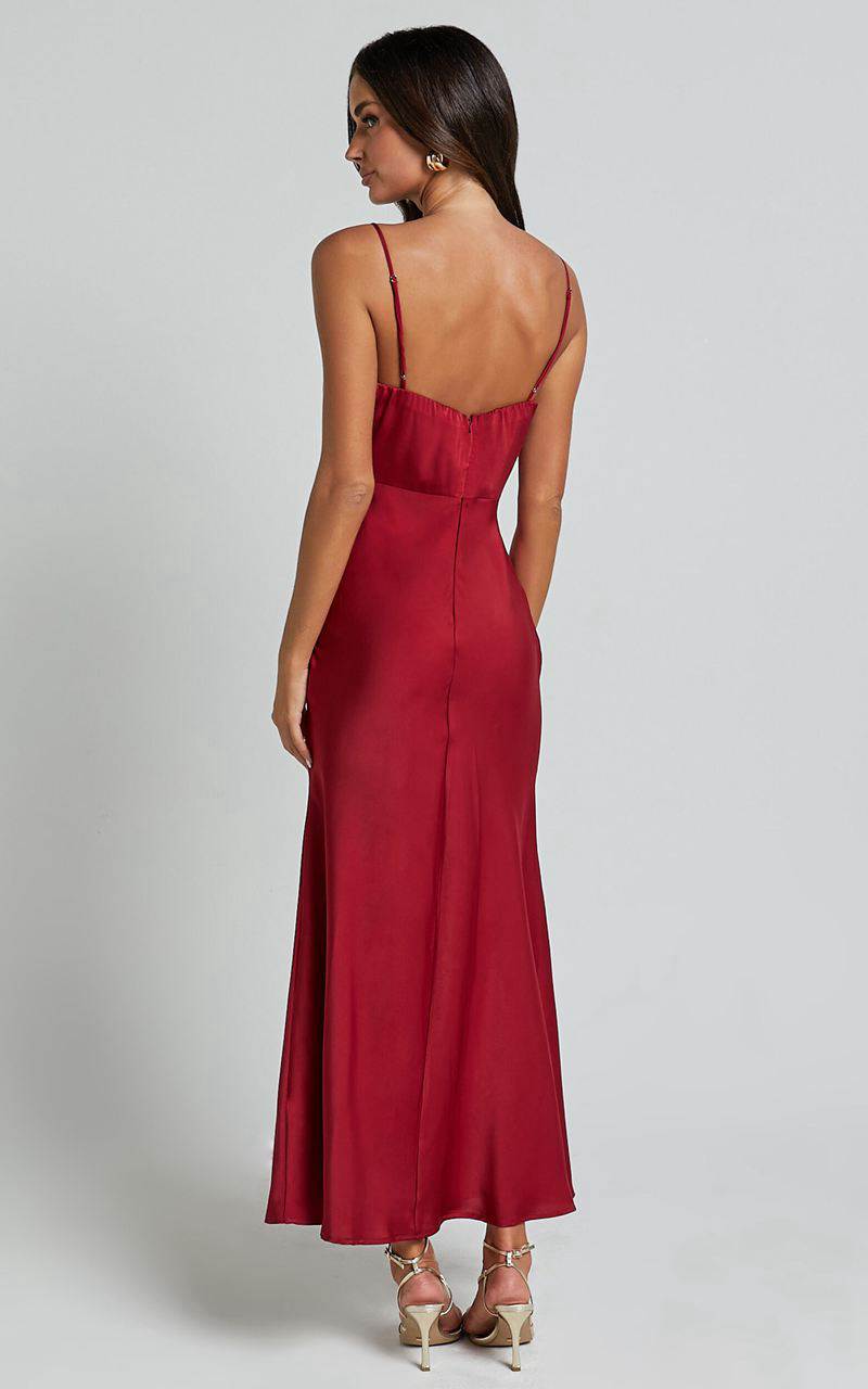 Showpo Jovana Midi Dress - Bust Panel Detail Satin Slip Dress Wine | RZXDHJ897