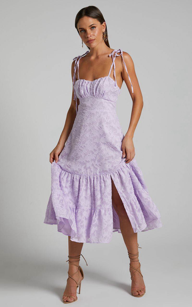 Showpo Jovena Midi Dress - Gathered Bodice Tiered Dress Lilac | FHMERG658