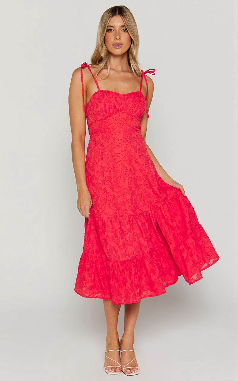 Showpo Jovena Midi Dress - Gathered Bodice Tiered Dress Coral | WHAKFM239