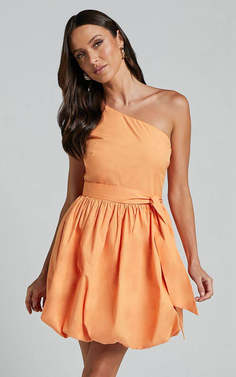 Showpo Jovette Mini Dress - One Shoulder Tie Waist Bubble Hem Dress Apricot | JBXICE582