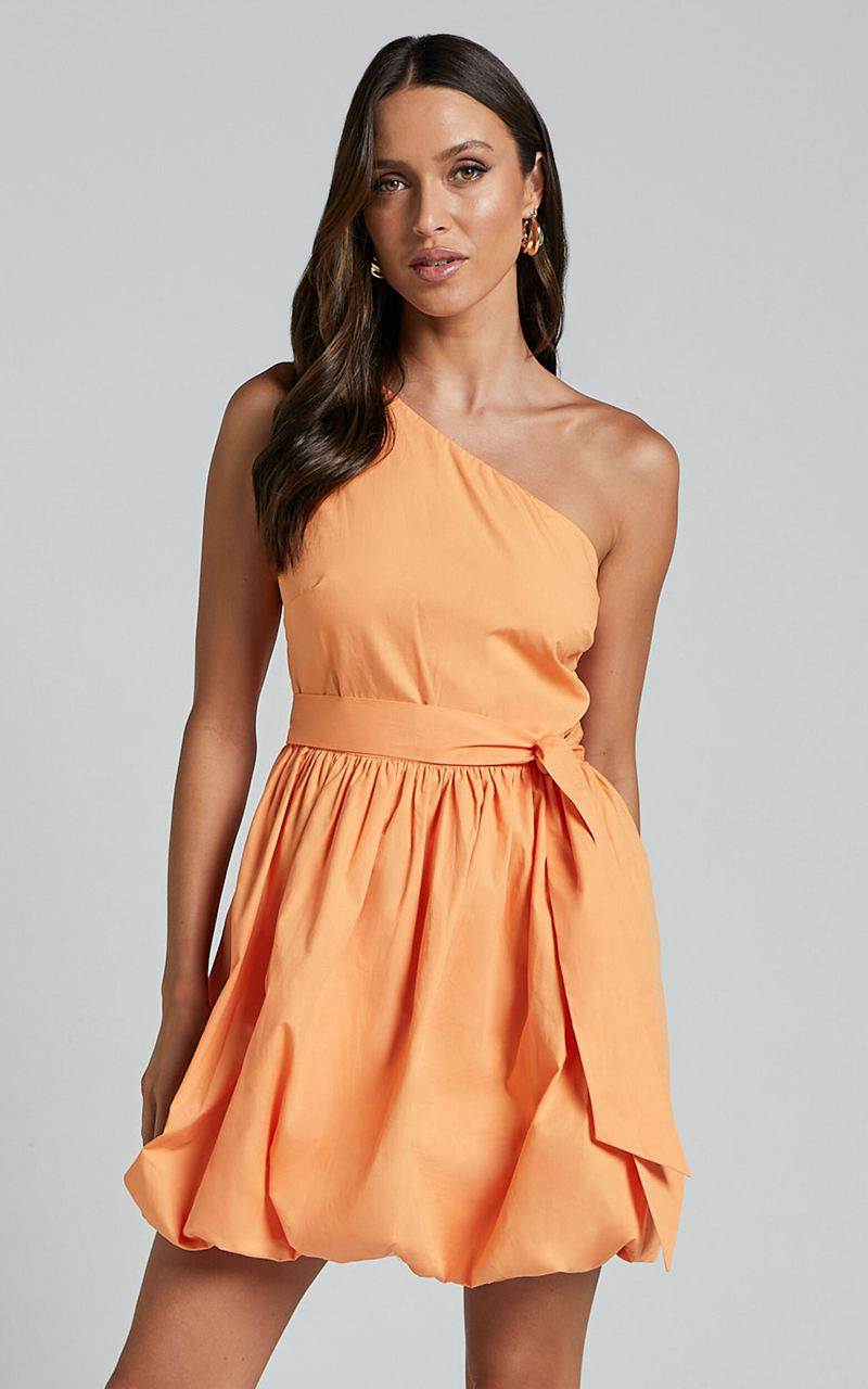 Showpo Jovette Mini Dress - One Shoulder Tie Waist Bubble Hem Dress Apricot | JBXICE582