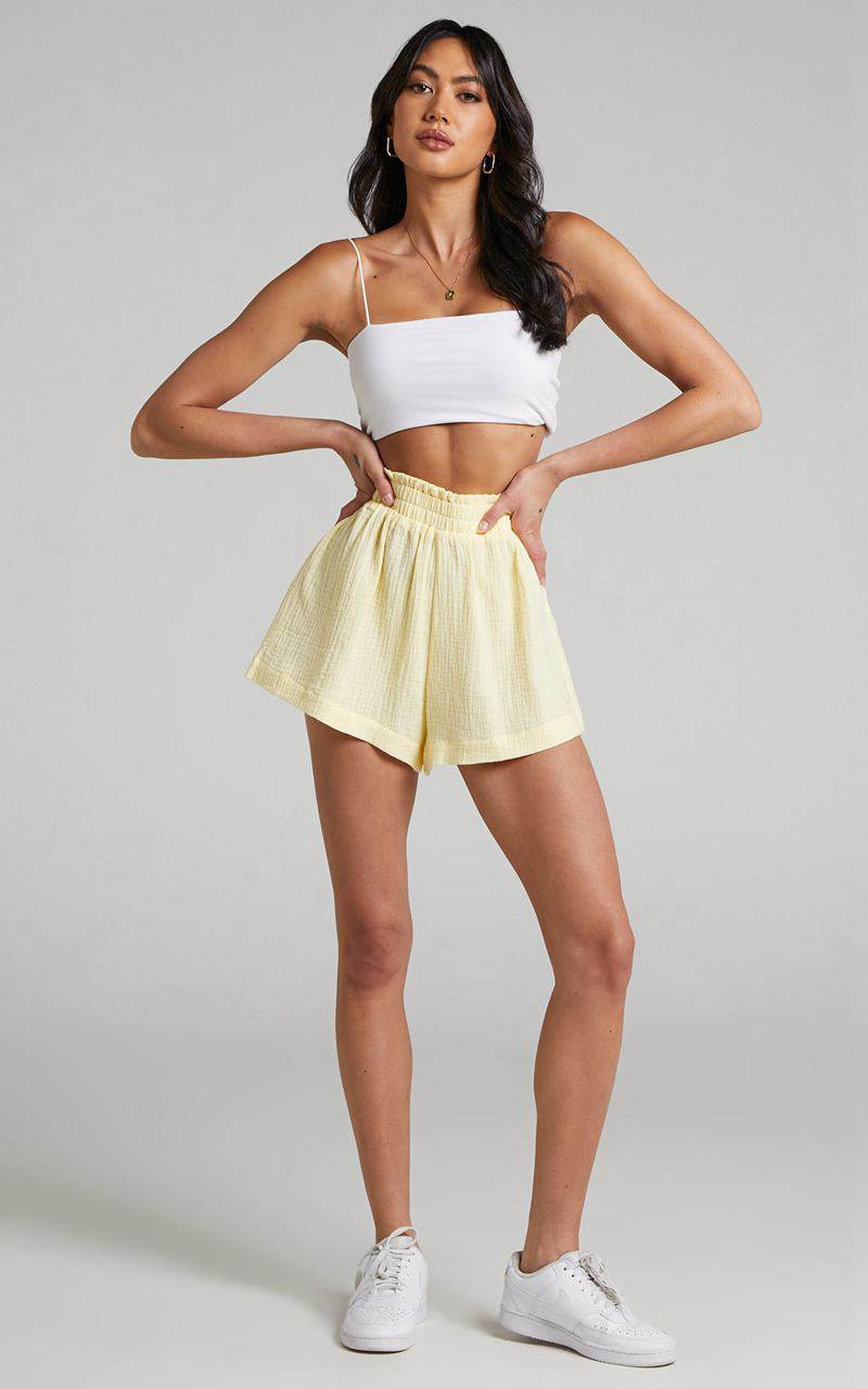 Showpo Joyce Muslin Shorts - Elasticated High Waisted Soft Shorts Lemon | HTVJCW793