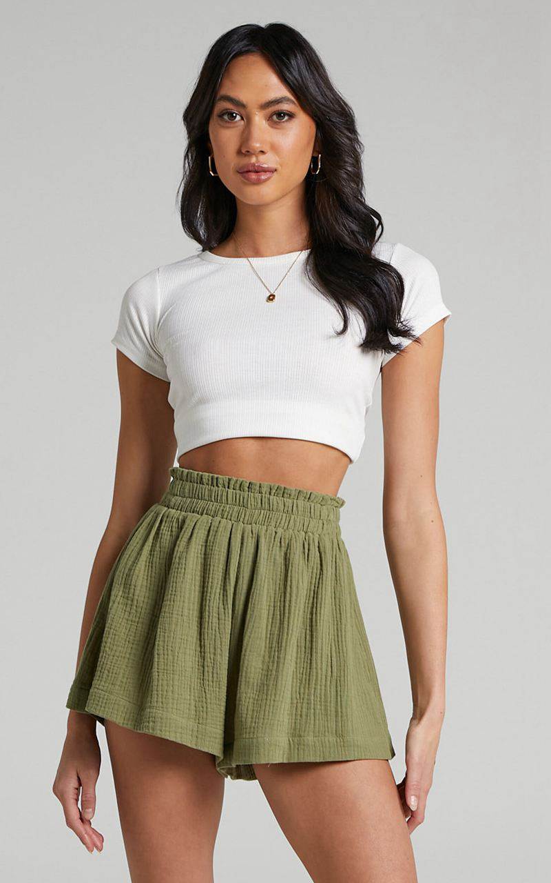 Showpo Joyce Muslin Shorts - Elasticated High Waisted Soft Shorts Khaki | FNXYGA415