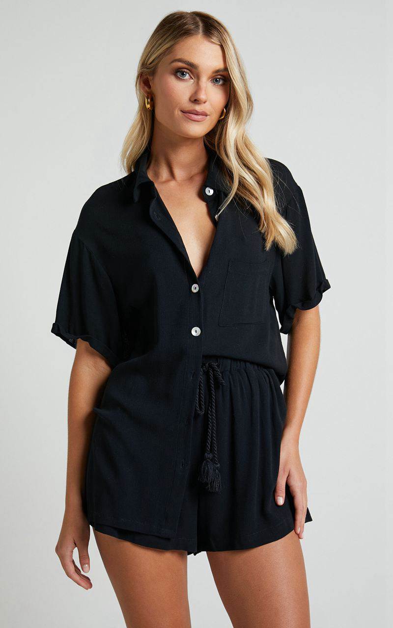 Showpo Jubilee Two Piece Set - Button Up Shirt And Shorts Set Black | PSFENG743