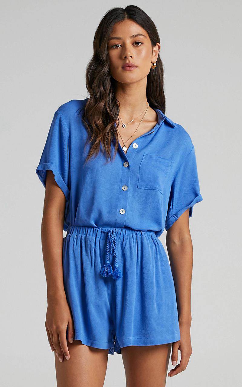 Showpo Jubilee Two Piece Set - Button Up Shirt And Shorts Set Cobalt | UYHFXV748